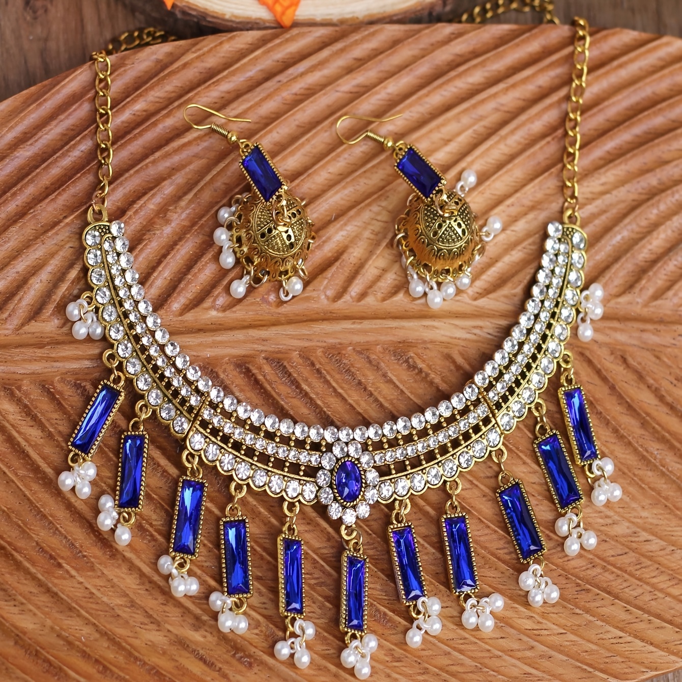 Vintage Golden Tone Black Choker & Bell Drop Earrings Set